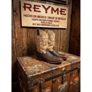 Reyme Mens Brown Bull Neck Leather Western Cowboy Boots Square Toe Mexico‎ 29.5